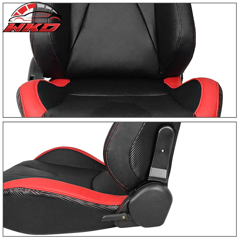 Universal Pair Reclinable Racing Seat Dual Slider PU&Carbon Leather Red Stripe