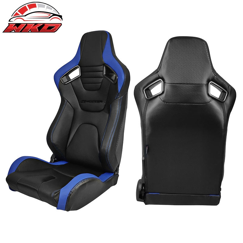 Universal Pair Reclinable Racing Seat Dual Slider PU&Carbon Leather Blue Stripe