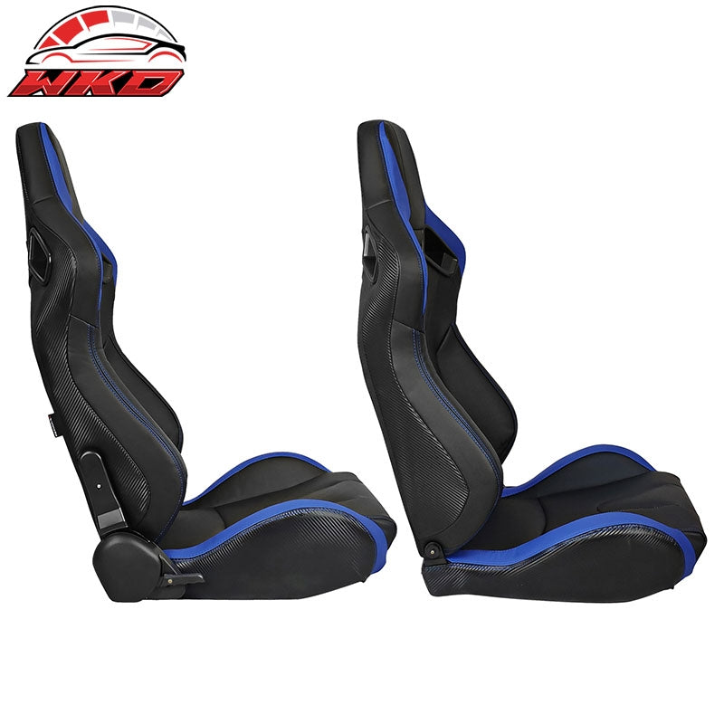 Universal Pair Reclinable Racing Seat Dual Slider PU&Carbon Leather Blue Stripe