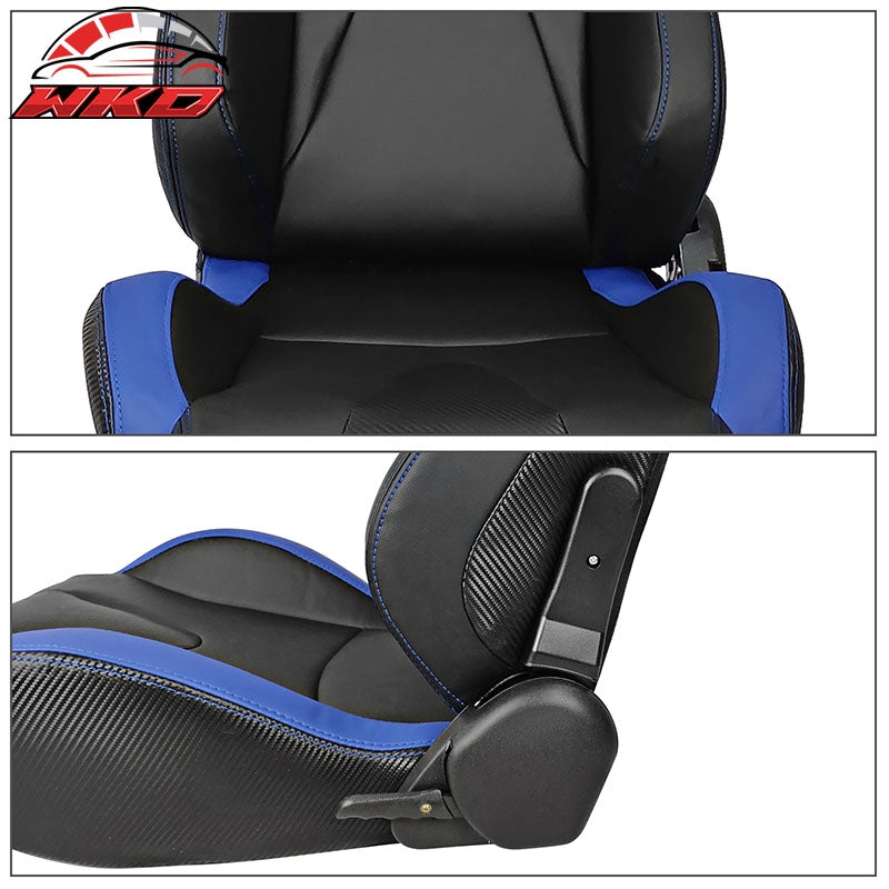 Universal Pair Reclinable Racing Seat Dual Slider PU&Carbon Leather Blue Stripe