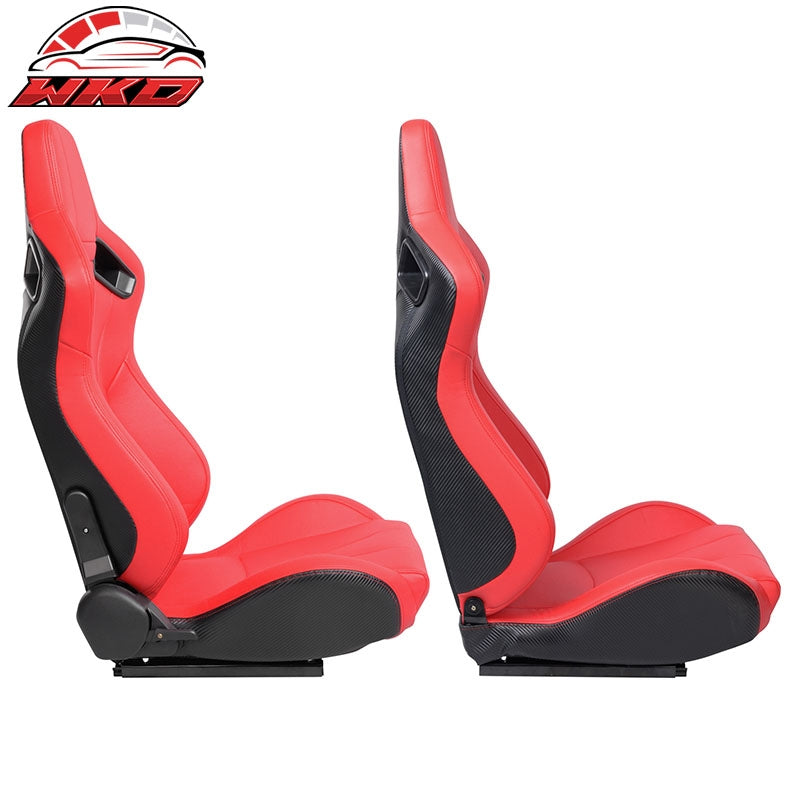 Universal Pair Reclinable Racing Seat Dual Slider PU & Carbon Leather Red