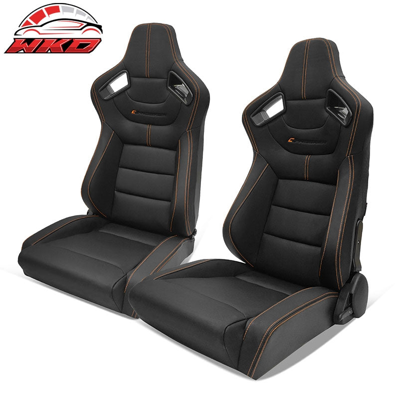 Wholesale Universal X2 Reclinable Big Style Racing Seat + Dual Slider PU Carbon Black Black + Orange Stitch + Wider Seat Front:PU + Carbon Leather,Back:Carbon Leather - Wikond Auto