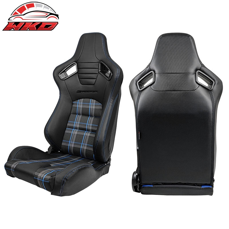 Universal  Reclinable Racing Seat 2PC Dual Slider PU Carbon Leather Blue Plaid