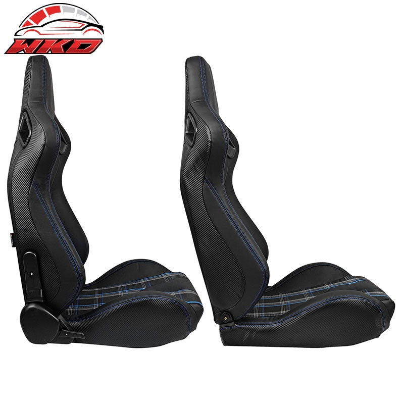 Universal  Reclinable Racing Seat 2PC Dual Slider PU Carbon Leather Blue Plaid