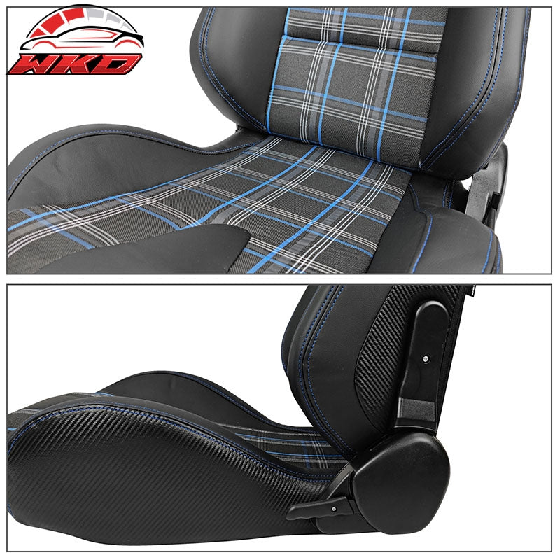 Universal  Reclinable Racing Seat 2PC Dual Slider PU Carbon Leather Blue Plaid