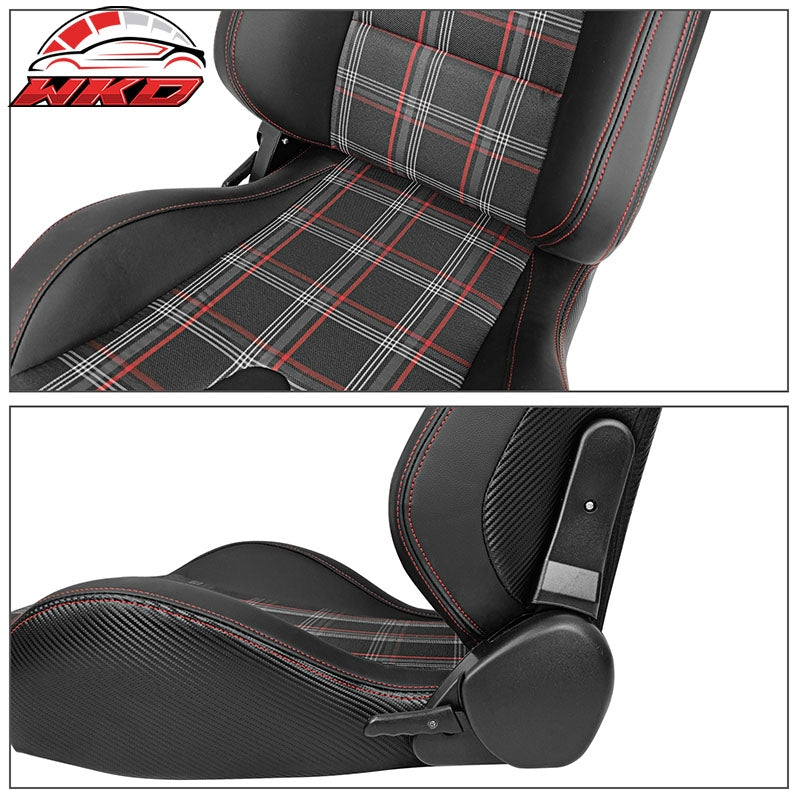 Universal Reclinable Racing Seat 2PC Dual Slider PU Carbon Leather Red Plaid