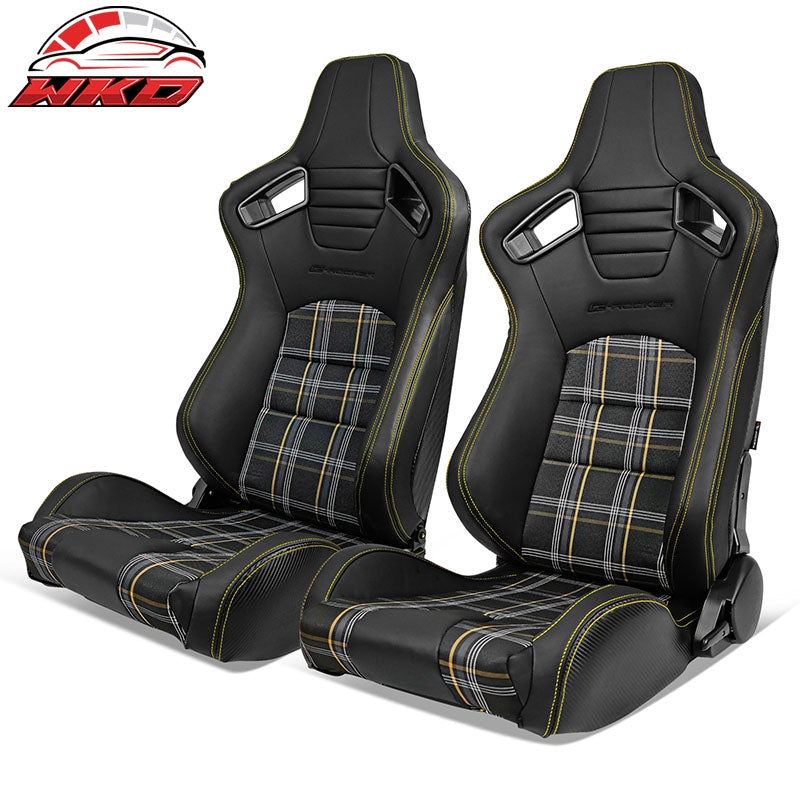 Wholesale Universal Reclinable Racing Seat 2PC Dual Slider PU Carbon Leather Yellow Plaid