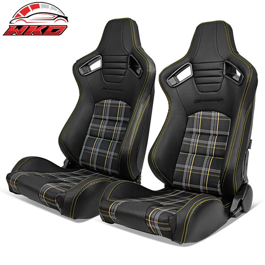 Wholesale Universal Reclinable Racing Seat 2PC Dual Slider PU Carbon Leather Yellow Plaid