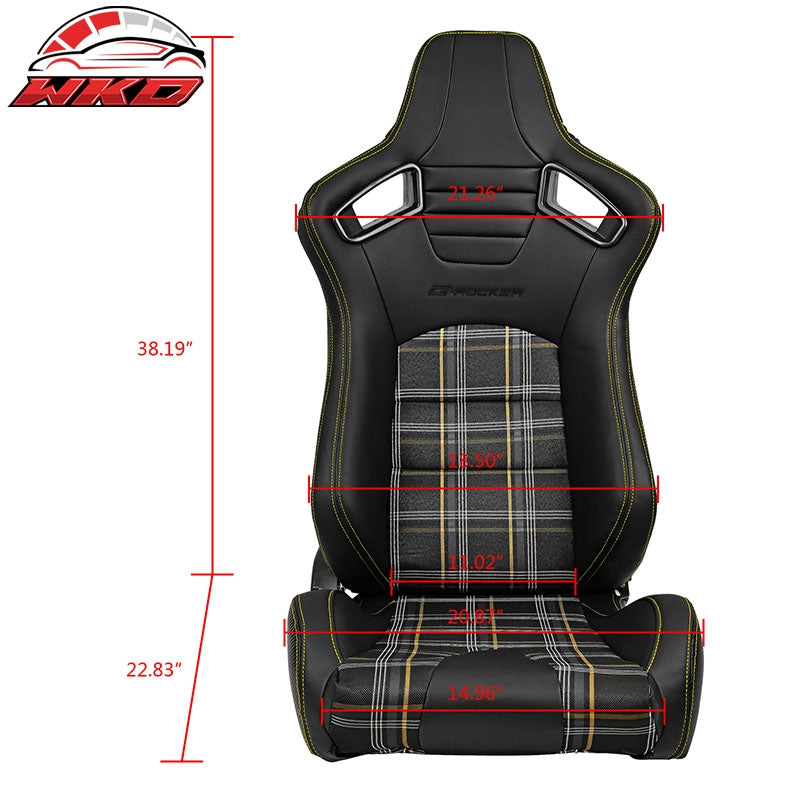 Universal Reclinable Racing Seat 2PC Dual Slider PU Carbon Leather Yellow Plaid