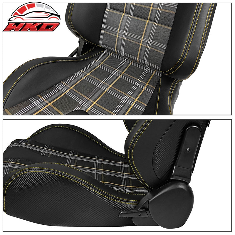 Universal Reclinable Racing Seat 2PC Dual Slider PU Carbon Leather Yellow Plaid