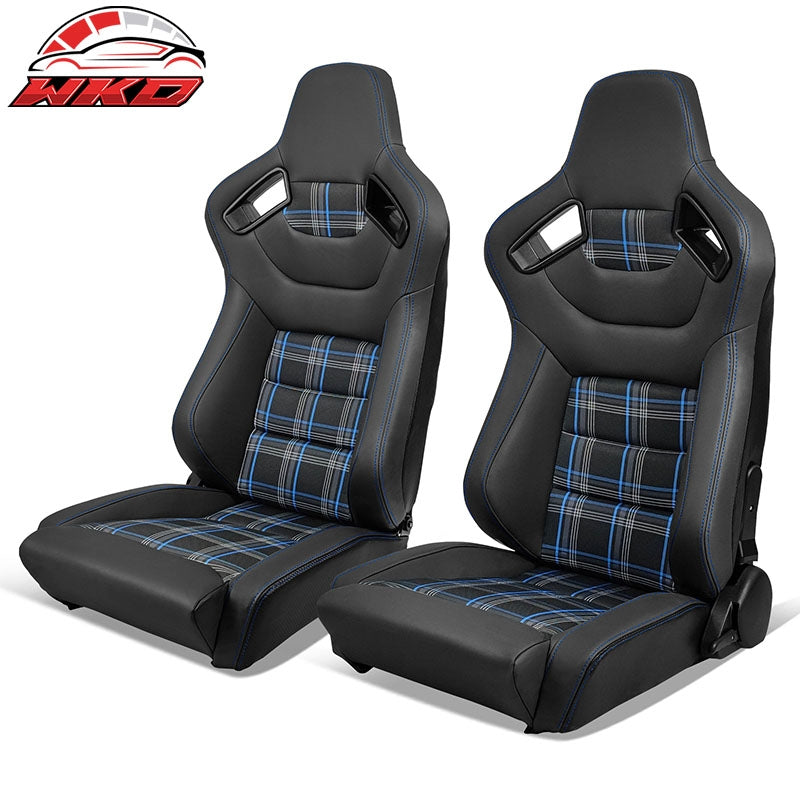 Wholesale Universal  Reclinable Racing Seat 2PC Dual Slider Microfiber Leather Blue Plaid