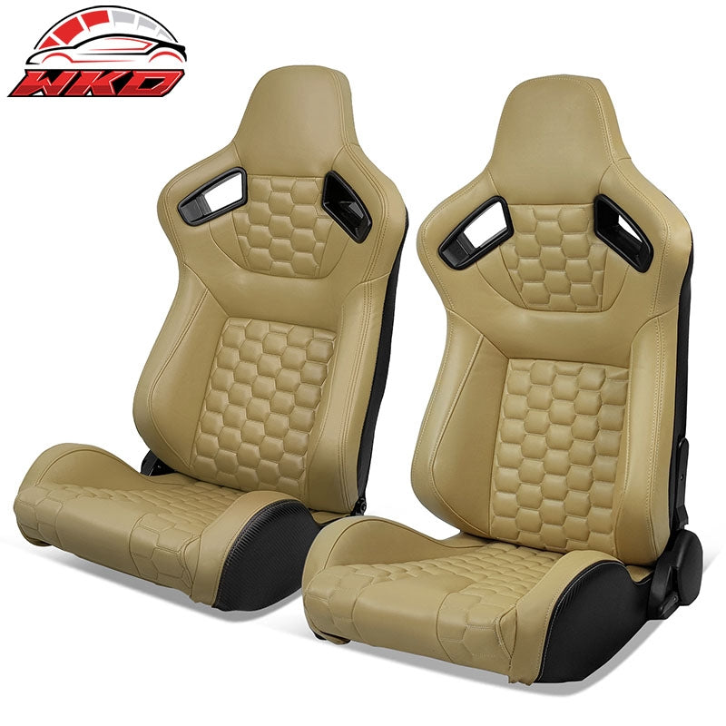 Wholesale Universal X2 Reclinable Honeycomb Racing Seat + Dual Slider Beige PU Leather