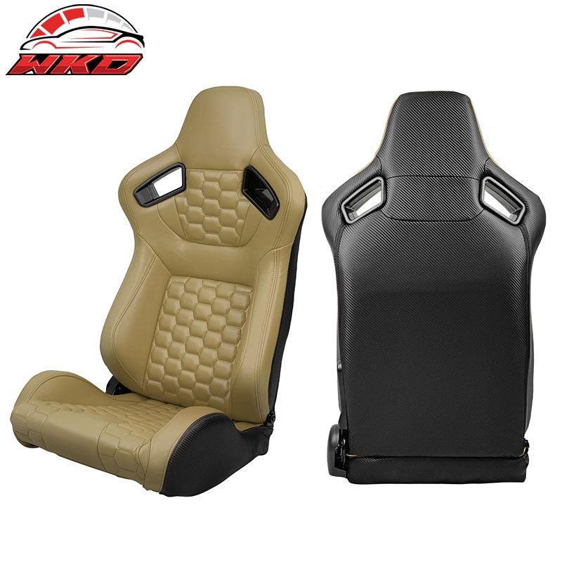Universal X2 Reclinable Honeycomb Racing Seat + Dual Slider Beige PU Leather