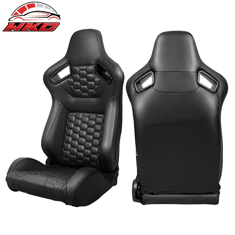 Universal X2 Reclinable Honeycomb Racing Seat + Dual Slider Black PU Leather