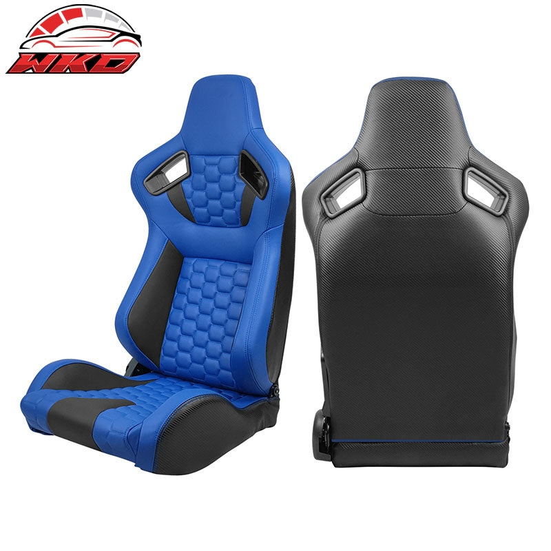 Universal X2 Reclinable Honeycomb Racing Seat +Dual Slider Blue Black PU Leather