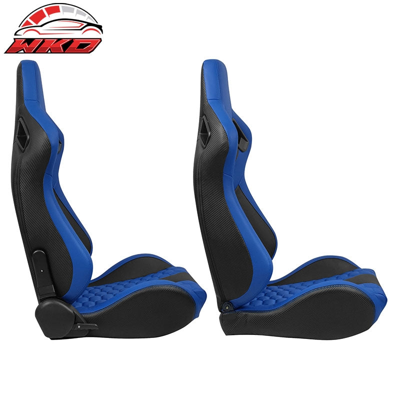 Universal X2 Reclinable Honeycomb Racing Seat +Dual Slider Blue Black PU Leather