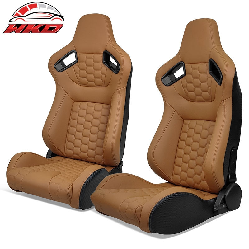 Wholesale Universal X2 Reclinable Honeycomb Racing Seat + Dual Slider Brown PU Leather - Wikond Auto