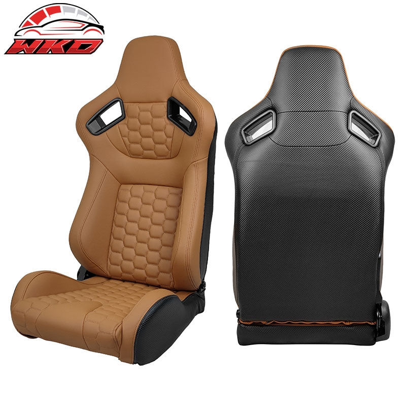 Wholesale Universal X2 Reclinable Honeycomb Racing Seat + Dual Slider Brown PU Leather - Wikond Auto