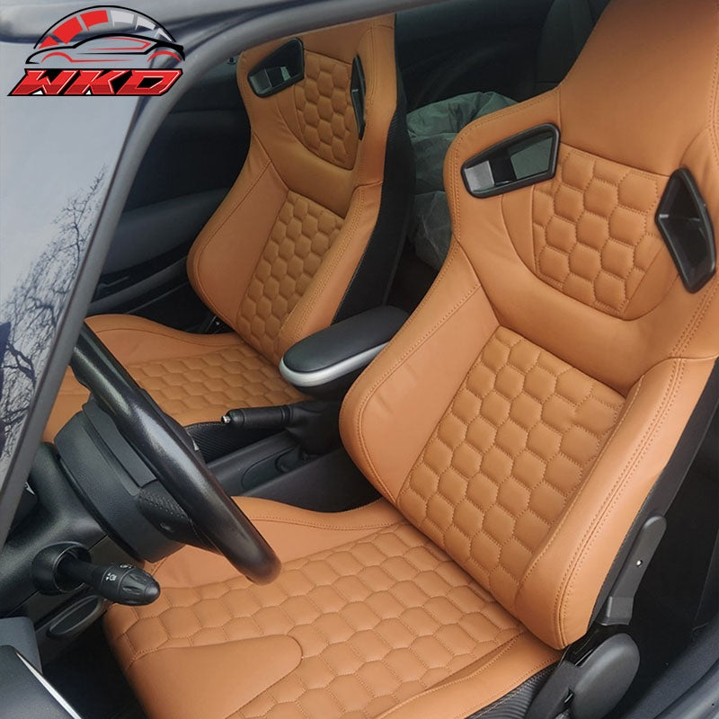 Wholesale Universal X2 Reclinable Honeycomb Racing Seat + Dual Slider Brown PU Leather - Wikond Auto