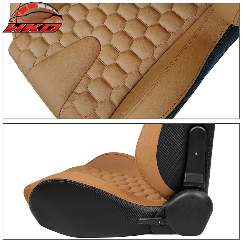 Wholesale Universal X2 Reclinable Honeycomb Racing Seat + Dual Slider Brown PU Leather - Wikond Auto