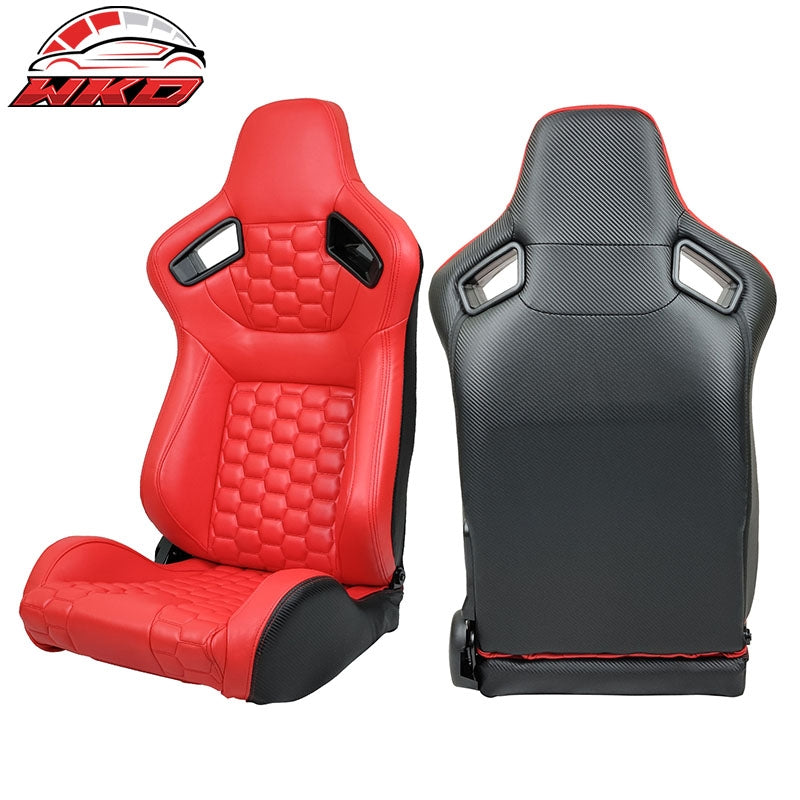 Universal X2 Reclinable Honeycomb Racing Seat +Dual Slider Red PU Carbon Leather