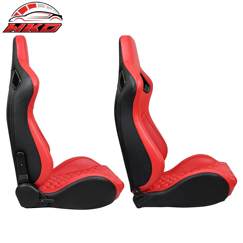 Universal X2 Reclinable Honeycomb Racing Seat +Dual Slider Red PU Carbon Leather