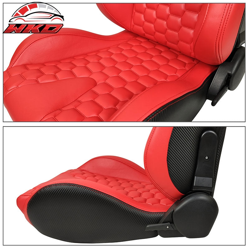 Universal X2 Reclinable Honeycomb Racing Seat +Dual Slider Red PU Carbon Leather
