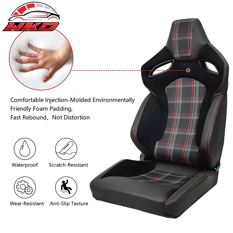 Universal Reclinable Racing Seat Flat Style Dual Slider Red Plaid Carbon Leather