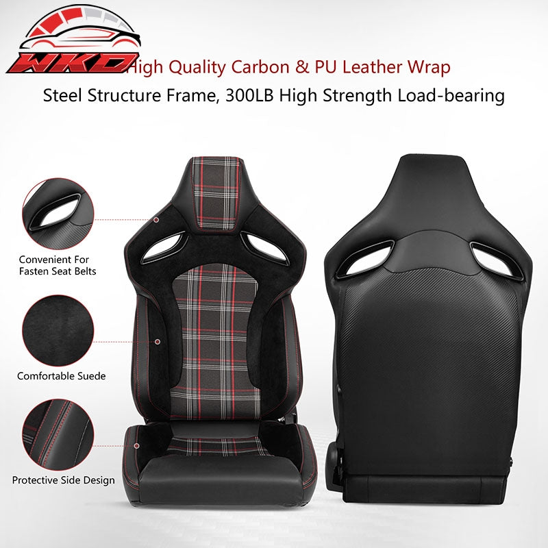 Universal Reclinable Racing Seat Flat Style Dual Slider Red Plaid Carbon Leather
