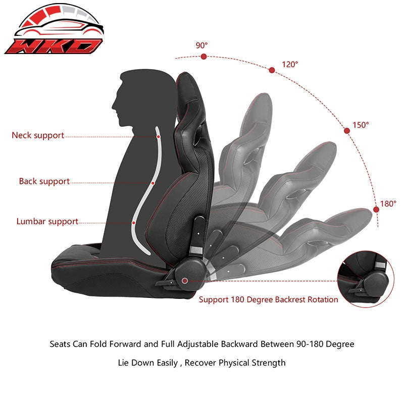 Universal Reclinable Racing Seat Flat Style Dual Slider Red Plaid Carbon Leather