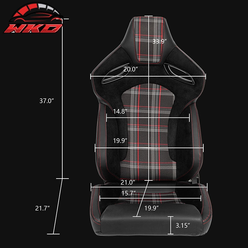 Universal Reclinable Racing Seat Flat Style Dual Slider Red Plaid Carbon Leather