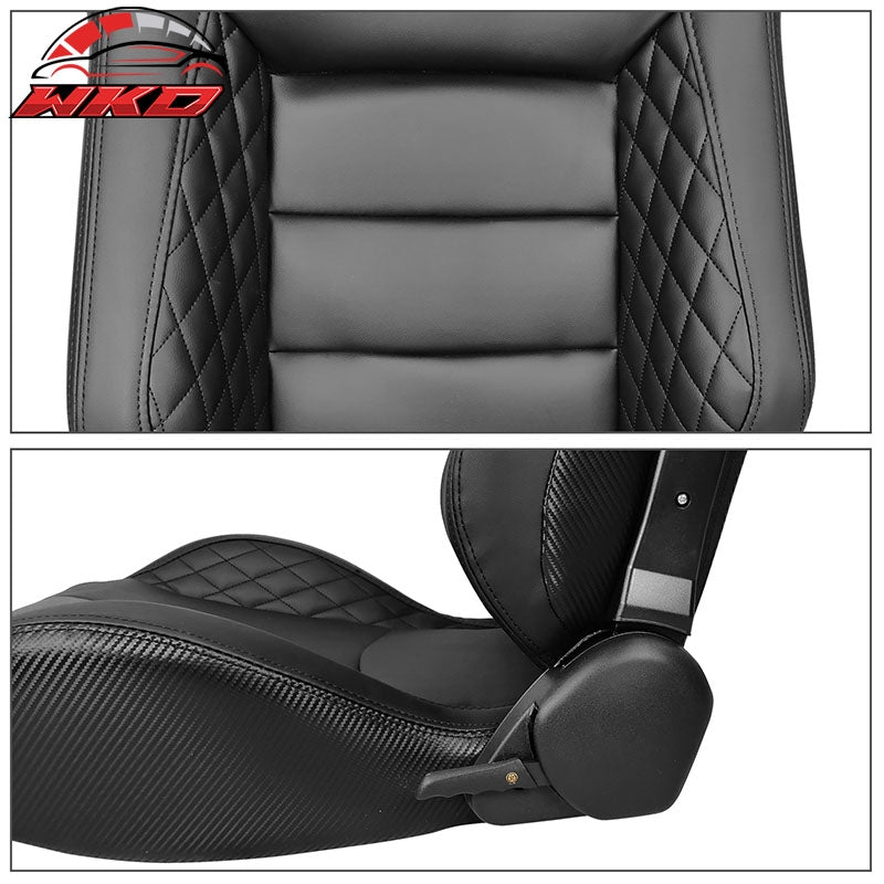 Universal Pair Reclinable Racing Seats + Dual Slider Black PU&Carbon Leather