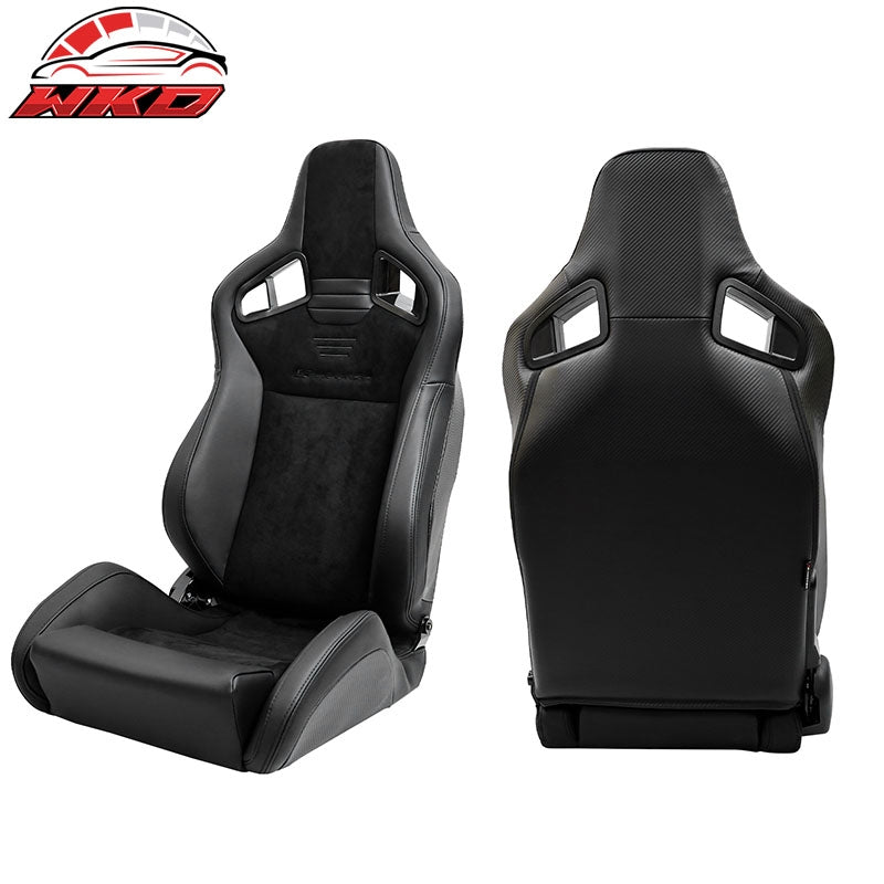 Universal Pair Reclinable Racing Seats w/Dual Slider Suede PU Carbon Leather