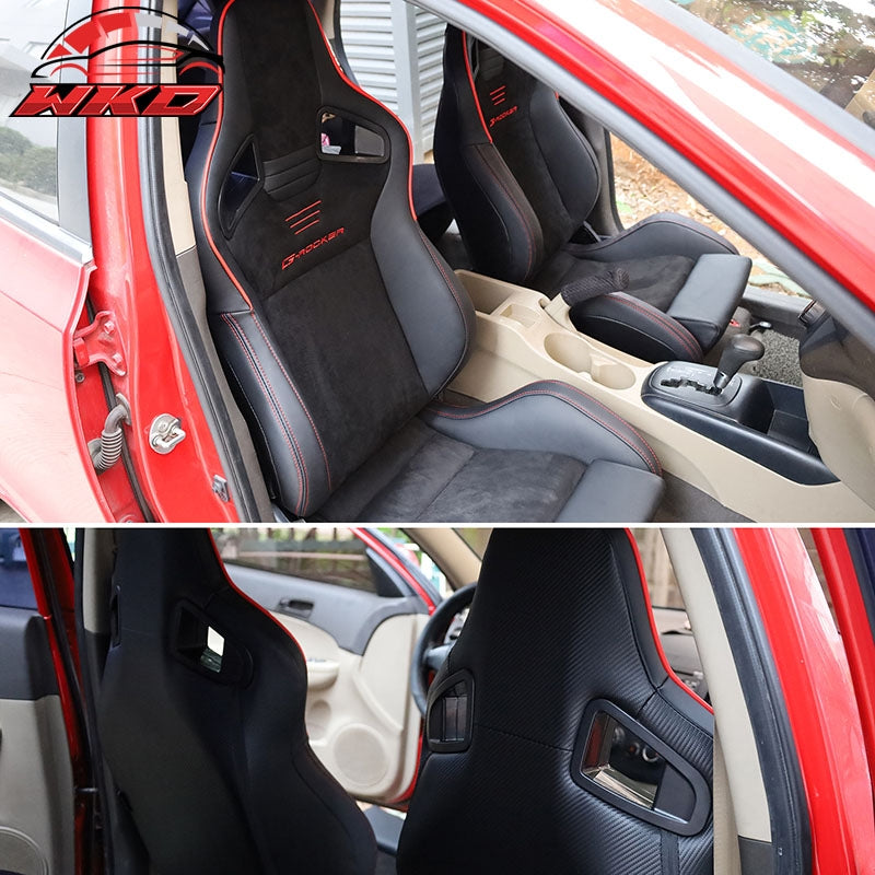 Universal Pair Reclinable Racing Seats Dual Slider Suede PU Carbon Leather Red