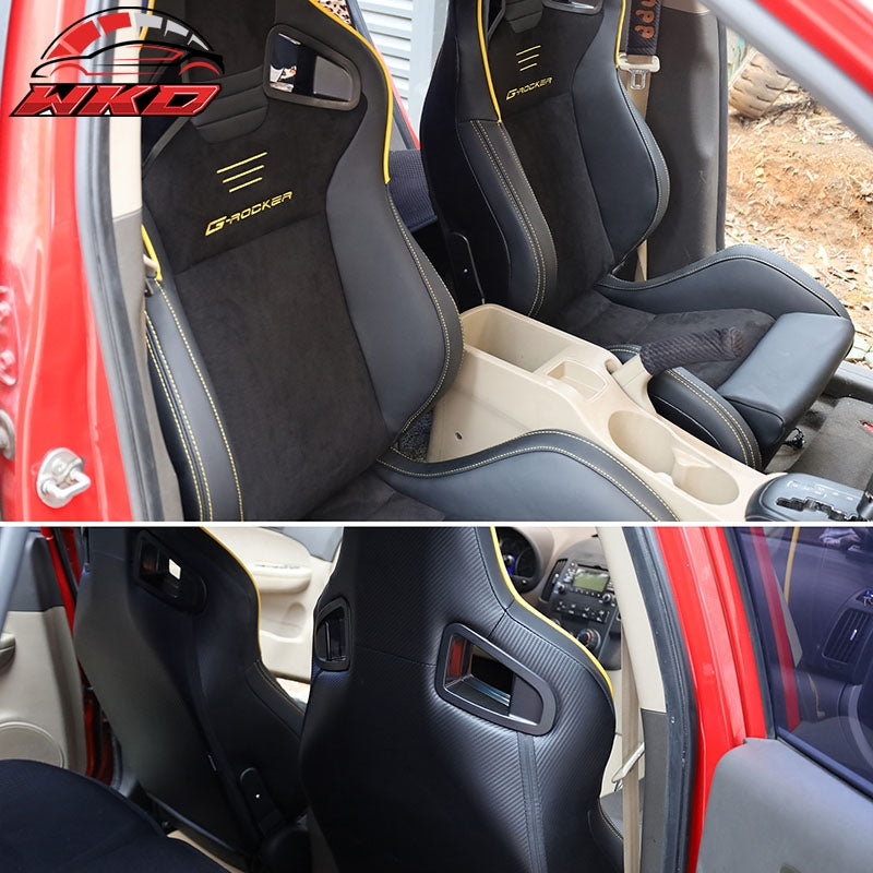 Universal 2x Reclinable Racing Seats Dual Slider Suede PU Carbon Leather Yellow