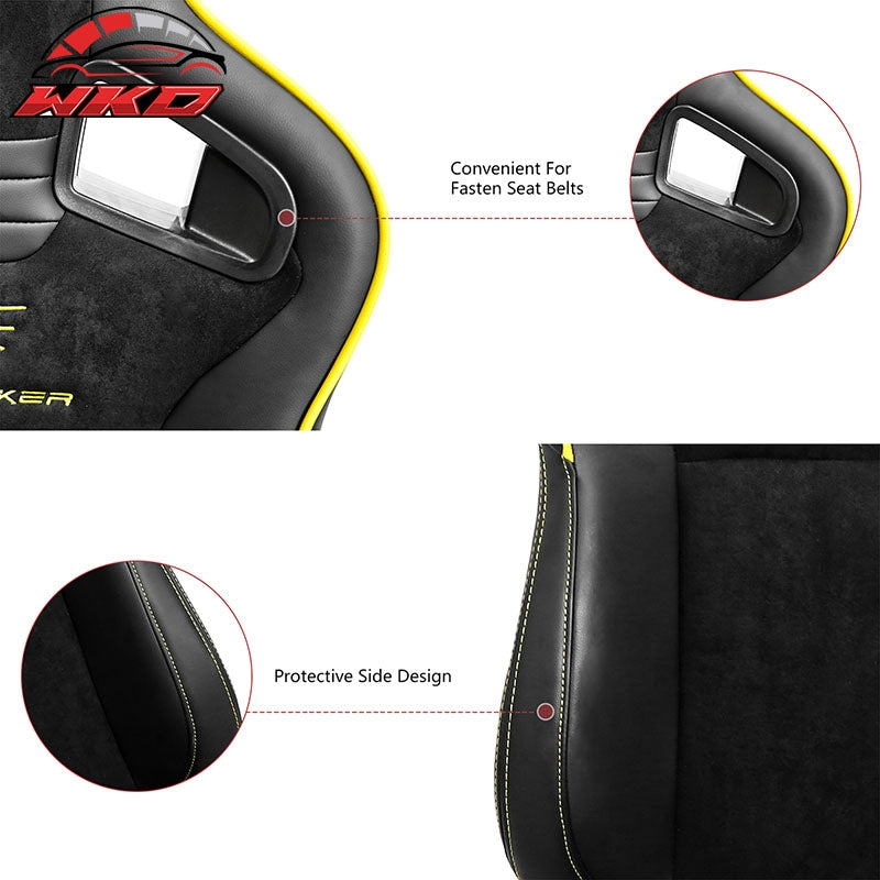 Universal 2x Reclinable Racing Seats Dual Slider Suede PU Carbon Leather Yellow