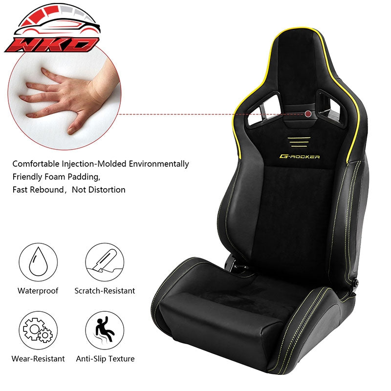 Universal 2x Reclinable Racing Seats Dual Slider Suede PU Carbon Leather Yellow