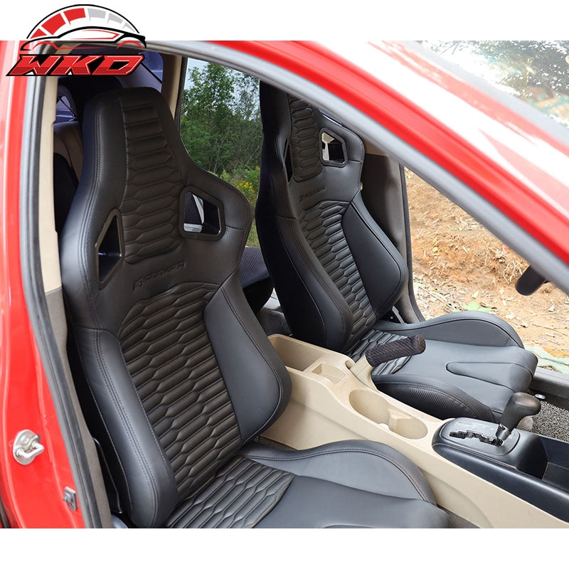 Universal Pair Reclinable Racing Seats w/Dual Slider PU Carbon Leather Black