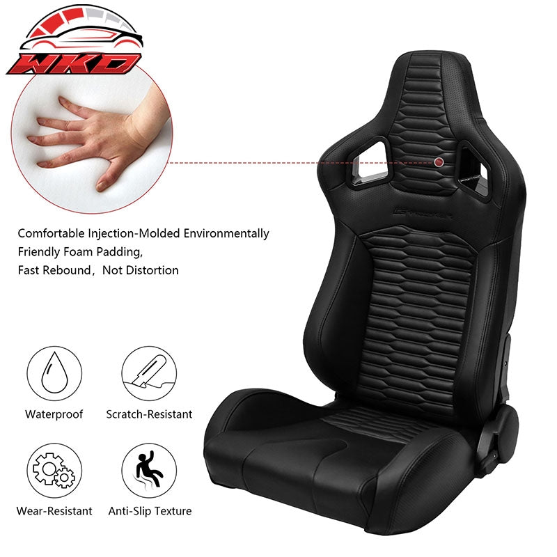 Universal Pair Reclinable Racing Seats w/Dual Slider PU Carbon Leather Black