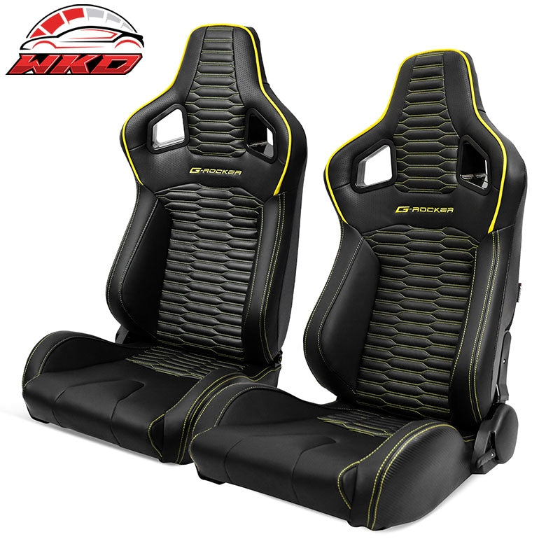 Wholesale Universal 2x Reclinable Racing Seats Dual Slider PU Carbon Leather Yellow Strip