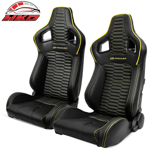 Wholesale Universal 2x Reclinable Racing Seats Dual Slider PU Carbon Leather Yellow Strip