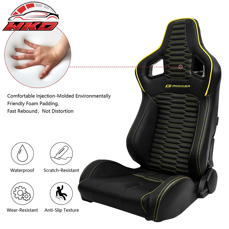 Universal 2x Reclinable Racing Seats Dual Slider PU Carbon Leather Yellow Strip