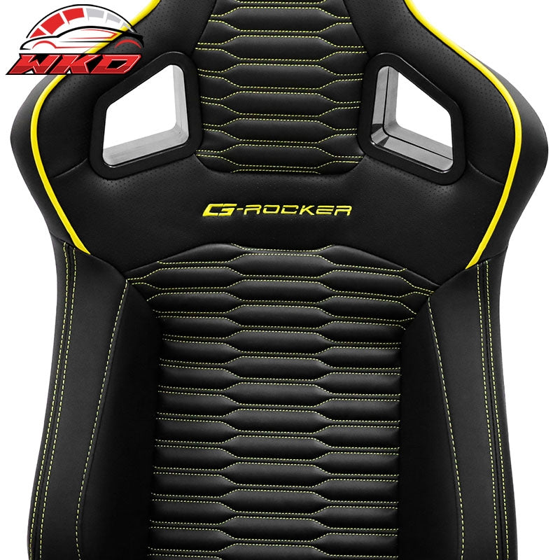 Universal 2x Reclinable Racing Seats Dual Slider PU Carbon Leather Yellow Strip