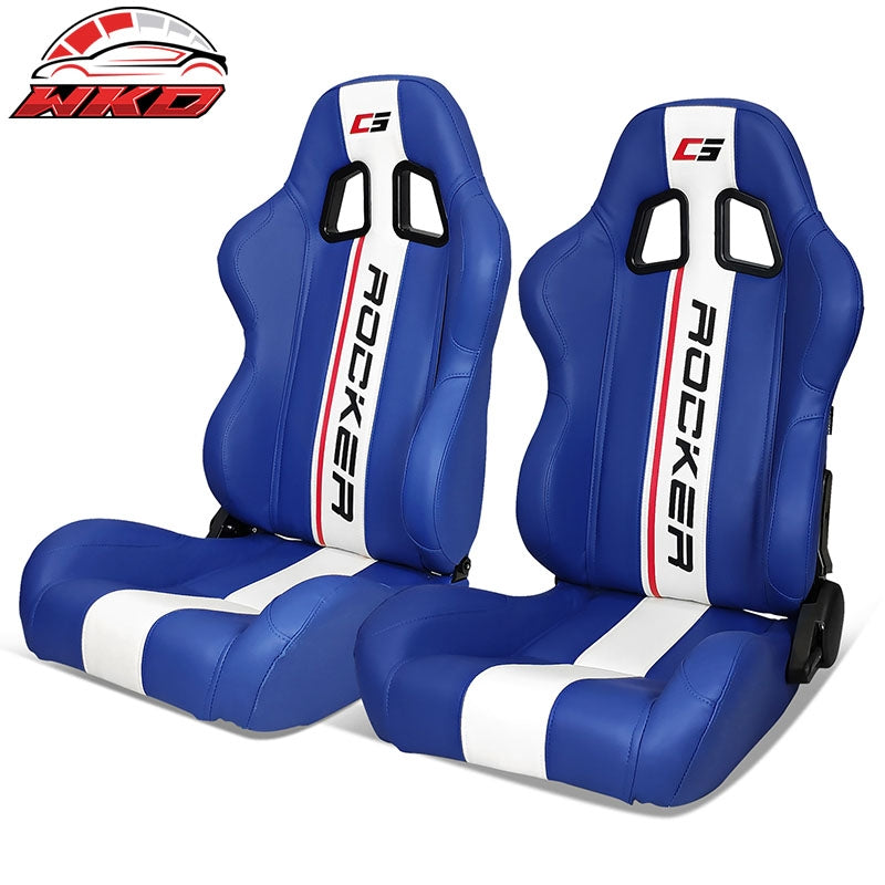 Wholesale Universal Pair Reclinable Racing Seat Dual Sliders Blue PU Leather White Stripe