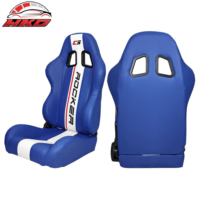 Universal Pair Reclinable Racing Seat Dual Sliders Blue PU Leather White Stripe