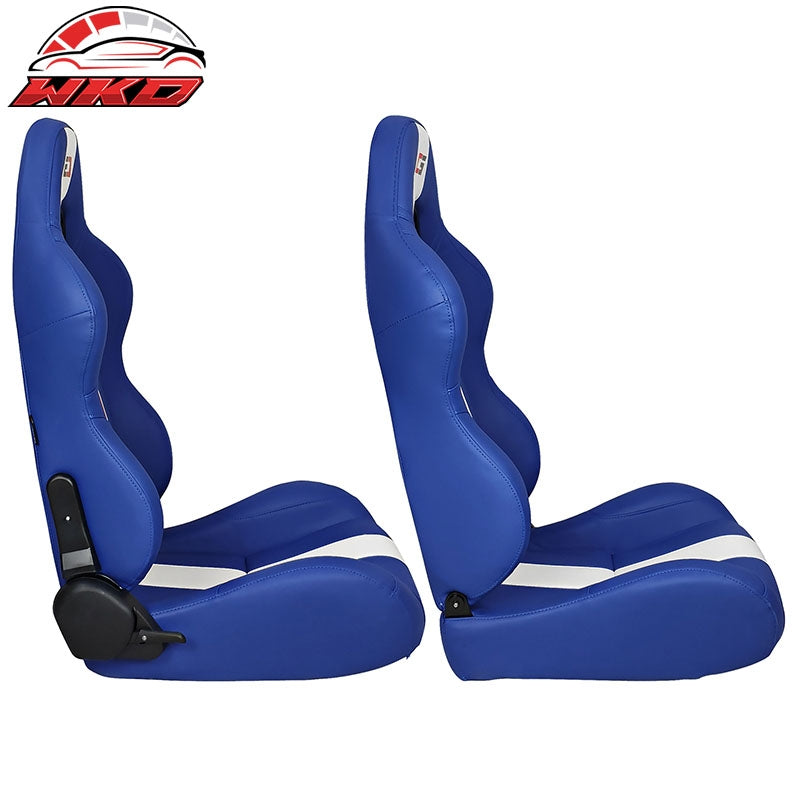 Universal Pair Reclinable Racing Seat Dual Sliders Blue PU Leather White Stripe