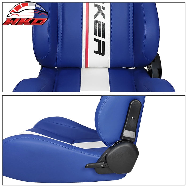 Universal Pair Reclinable Racing Seat Dual Sliders Blue PU Leather White Stripe