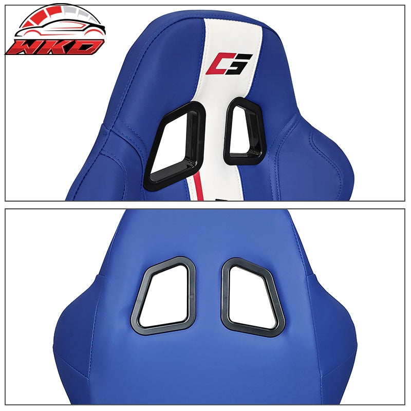 Universal Pair Reclinable Racing Seat Dual Sliders Blue PU Leather White Stripe