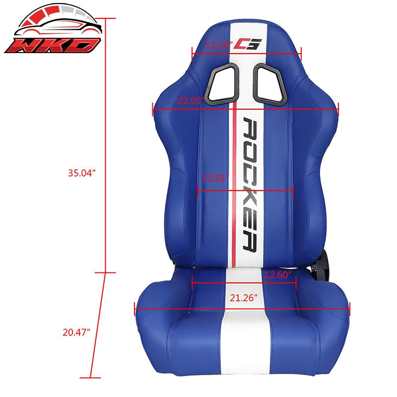 Universal Pair Reclinable Racing Seat Dual Sliders Blue PU Leather White Stripe