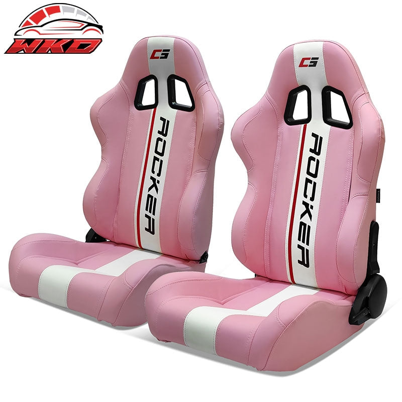 Wholesale Universal Pair Reclinable Racing Seats Dual Sliders Pink PU Leather White Stripe